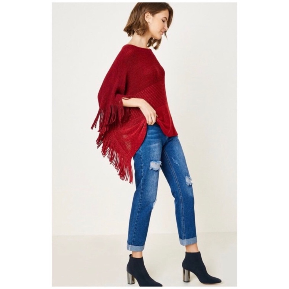 Wine Fringe Metallic Knit Poncho Sweater - Picture 2 of 4